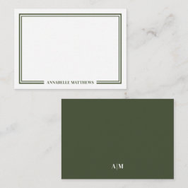 Minimalistische olijfgroene monogram met twee rand notitiekaartje