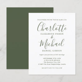 Minimalistische olijfgroene script huwelijksuitnod uitnodiging briefkaart