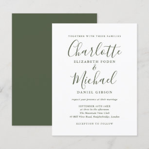 Minimalistische olijfgroene script huwelijksuitnod uitnodiging briefkaart