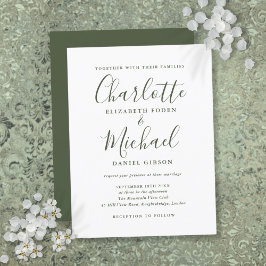 Minimalistische olijfgroene script huwelijksuitnod uitnodiging briefkaart