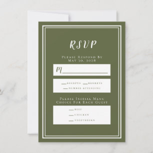Minimalistische olijfgroene trouw-RSVP-menukaart