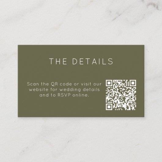 Minimalistische olijfgroene trouw-RSVP online QR-c Informatiekaartje (Voorkant)