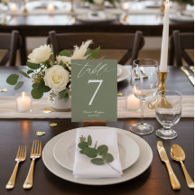 Minimalistische olijfgroene trouwtafel nummertkaar