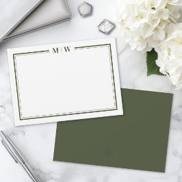 Minimalistische olijfgroene tweekleurige monogram notitiekaartje