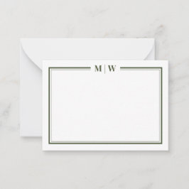 Minimalistische olijfgroene tweekleurige monogram notitiekaartje