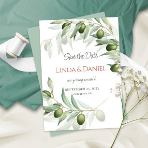 Minimalistische Olijftak Save the Date Trouwkaart