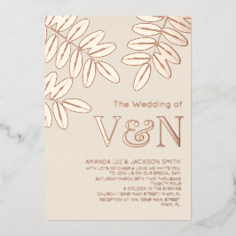 Minimalistische olijftakken roze goud beige bruilo folie uitnodiging
