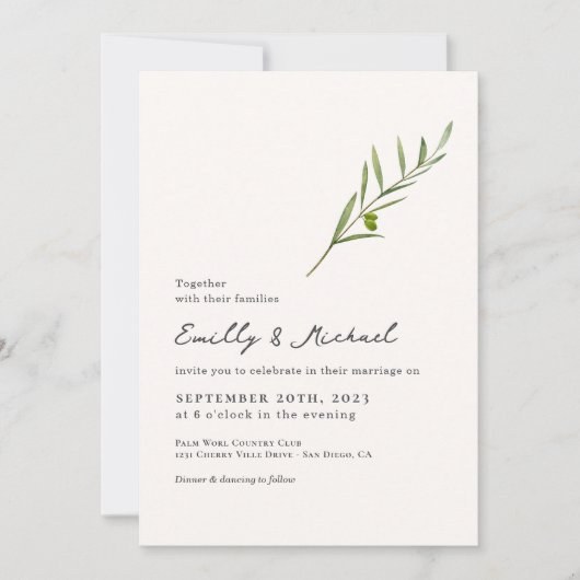 Minimalistische Olive Green Leaf Bran Wedding Kaart (Voorkant)