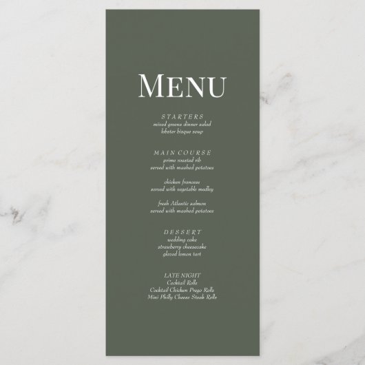 Minimalistische Olive Green Monogram Wedding Menu  (Voorkant)