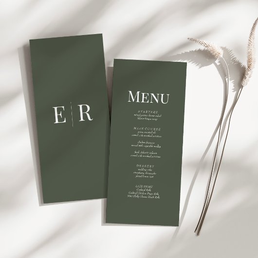 Minimalistische Olive Green Monogram Wedding Menu 