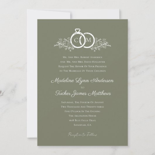 Minimalistische Olive Wedding Rings Monogram Foto Kaart (Voorkant)