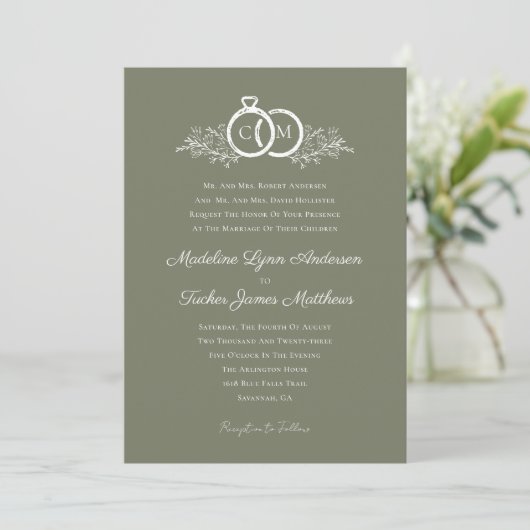 Minimalistische Olive Wedding Rings Monogram Foto Kaart (Staand voorkant)