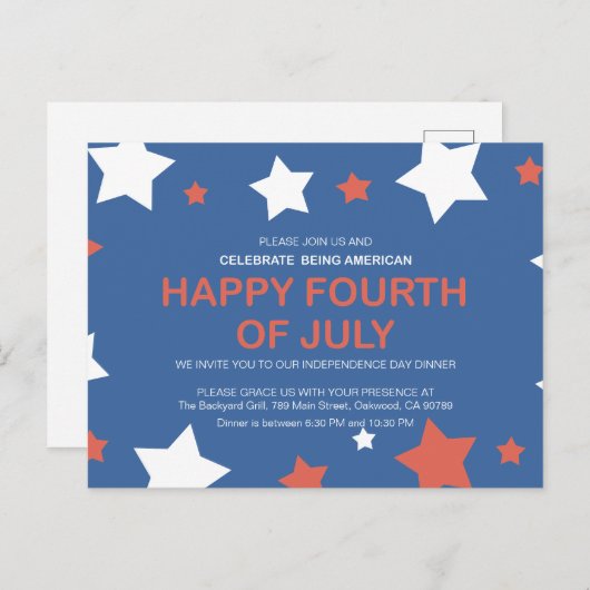 Minimalistische Onafhankelijkheidsdag 4 juli Uitnodiging Briefkaart (Voorkant / Achterkant)