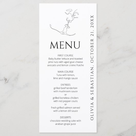 Minimalistische One Line Art Kissing Paar Bruiloft Menu (Voorkant)
