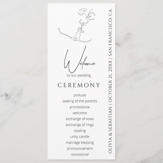 Minimalistische One Line Art Kissing Paar Bruiloft Programmakaart (Voorkant)