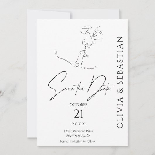 Minimalistische One Line Art Kissing Paar Bruiloft Save The Date (Voorkant)