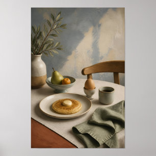 Minimalistische ontbijttafel met pannenkoek en kof poster