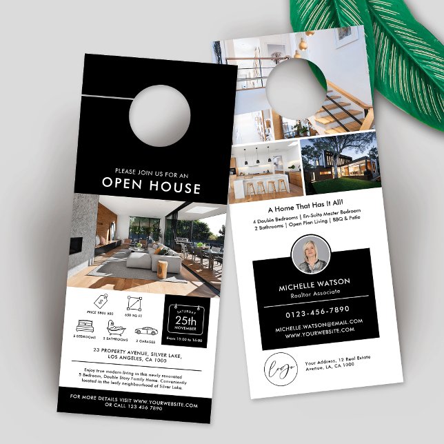 Minimalistische Open Huis Nodig Makelaar uit Deurhanger (Minimalist modern real estate house for sale marketing door hanger with photos and custom text)