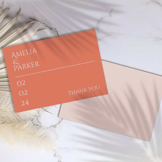 Minimalistische Oranje bruiloft dank u kaart