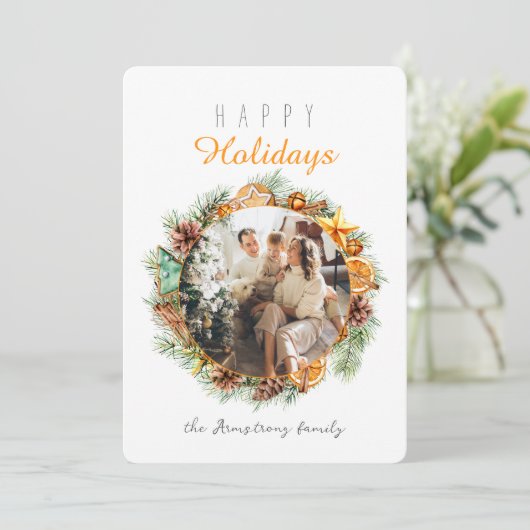 Minimalistische Oranje krans fotokaart Feestdagenkaart (Staand voorkant)