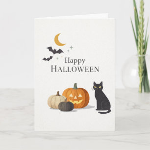 Minimalistische oranje pompoen zwarte kat Hallowee Kaart