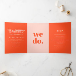 Minimalistische oranje roze formele bruiloft drieluik kaart