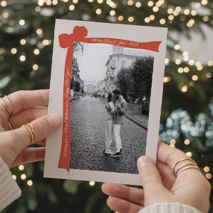 Minimalistische oranje strik retro foto kerst feestdagenkaart
