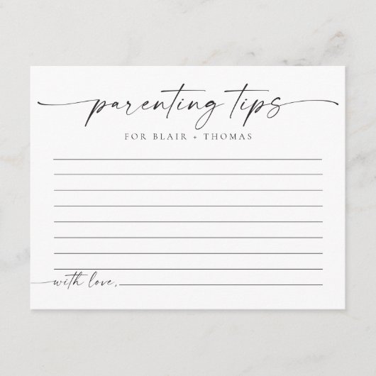 Minimalistische Ouderschap Tips Baby shower Game K Informatiekaartje (Voorkant)