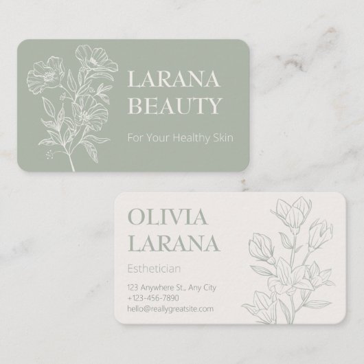 Minimalistische Outline Flower op een Sage achterg Visitekaartje (Voorkant / Achterkant)