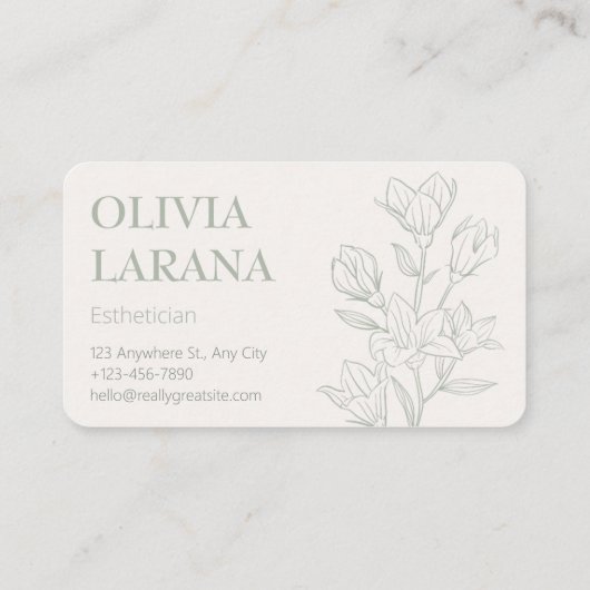 Minimalistische Outline Flower op een Sage achterg Visitekaartje (Achterkant)