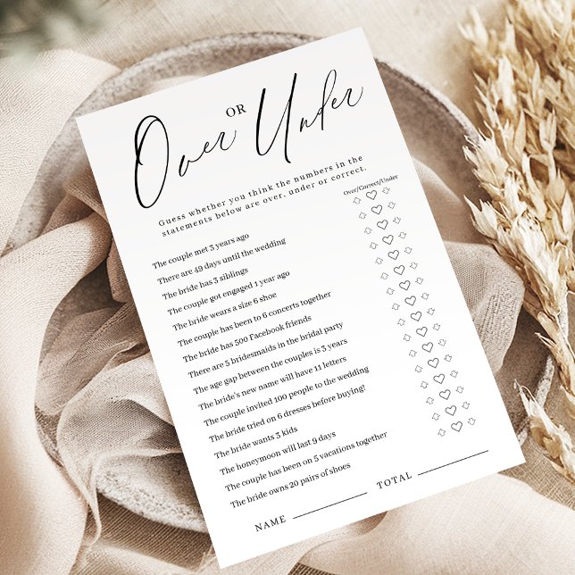 Minimalistische Over of Onder bruidsfeest spel (Minimalist Over or Under bridal shower game)