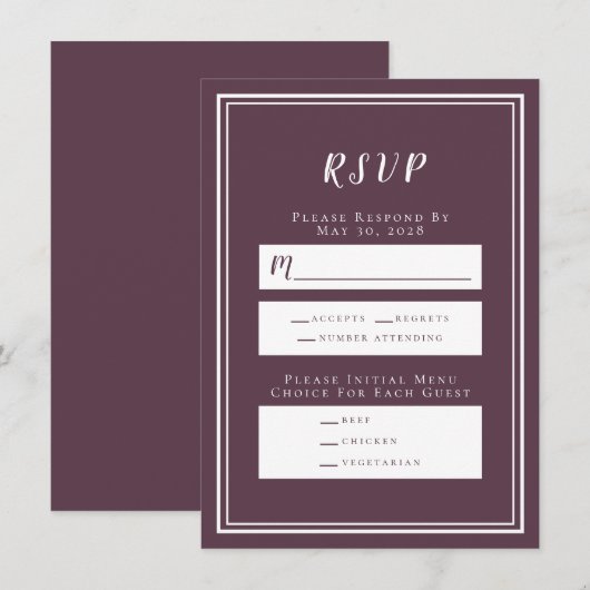 Minimalistische Paars RSVP-menuKaart Cassis  Weddi (Voorkant / Achterkant)