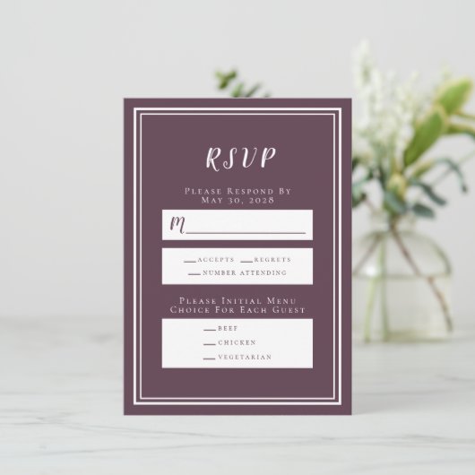 Minimalistische Paars RSVP-menuKaart Cassis  Weddi (Staand voorkant)