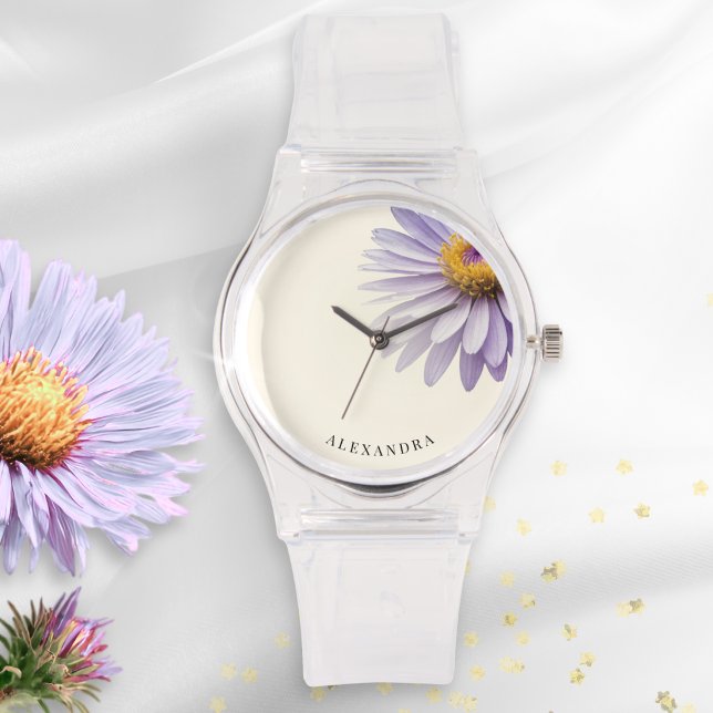 Minimalistische paarse aster bloemstuk aangepaste  horloge (An elegant watch with purple aster flower design and personalized name)