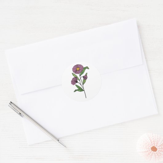 Minimalistische Paarse Aster bruiloft Ronde Sticker (Envelop)