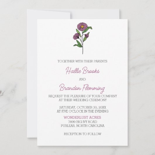 Minimalistische Paarse Aster bruiloft uitnodiging (Voorkant)
