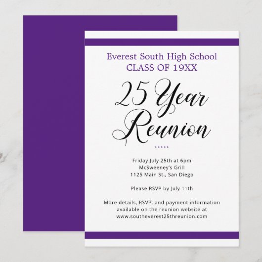 Minimalistische Paarse en Witte 25 Jaar Klasse Reü Kaart (Voorkant / Achterkant)
