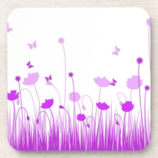 Minimalistische Paarse en Witte Poppies Meadow Flo Drankjes Onderzetter (Voorkant)