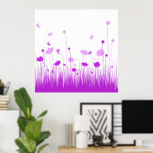 Minimalistische Paarse en Witte Poppies Meadow Flo Poster (Thuiskantoor)