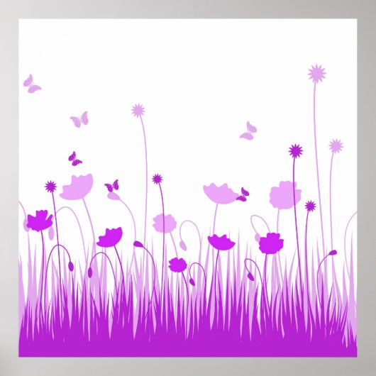 Minimalistische Paarse en Witte Poppies Meadow Flo Poster (Voorkant)