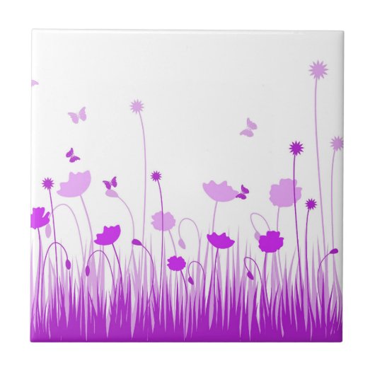 Minimalistische Paarse en Witte Poppies Meadow Flo Tegeltje (Voorkant)