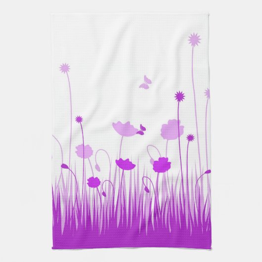 Minimalistische Paarse en Witte Poppies Meadow Flo Theedoek (Verticaal)