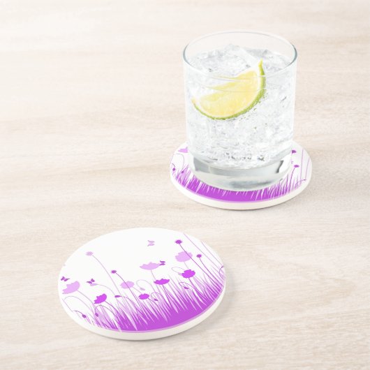 Minimalistische Paarse en Witte Poppies Meadow Flo Zandsteen Onderzetter (Zijkant)