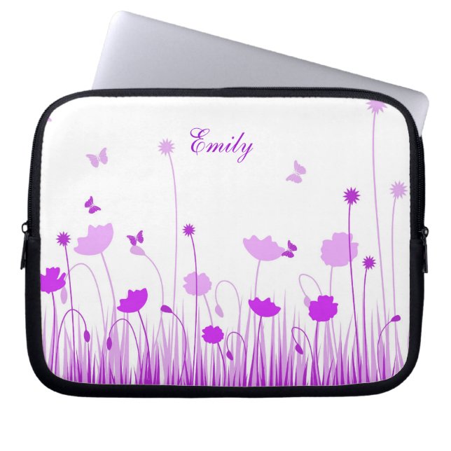 Minimalistische Paarse en Witte Poppies Meadow Naa Laptop Sleeve (Voorkant)