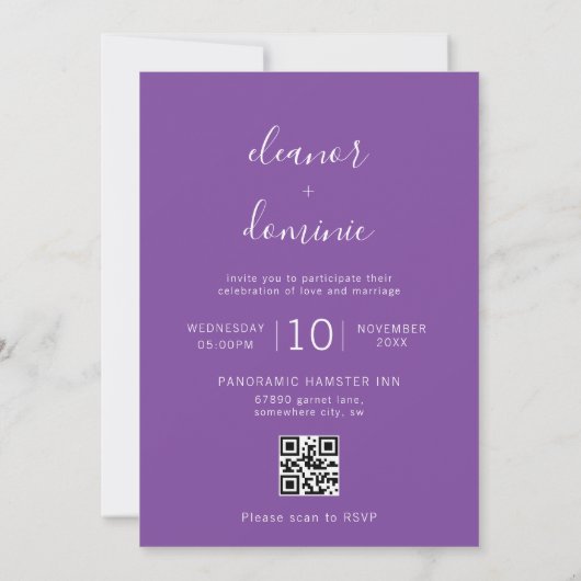 Minimalistische Paarse Foto RSVP QR Code Bruiloft Kaart (Achterkant)