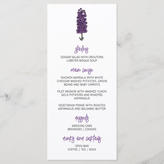 Minimalistische Paarse Larkspur bruiloft Menu (Voorkant)