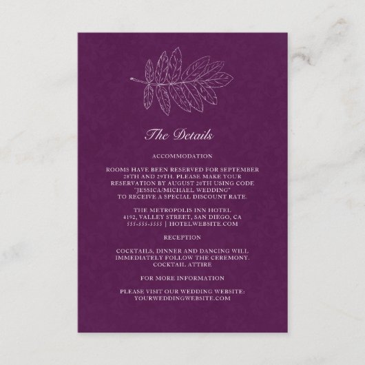 Minimalistische Paarse moderne botanische huwelijk Informatiekaartje (Voorkant)