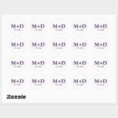 Minimalistische Paarse paar Initialen & datum Ronde Sticker (Vel)