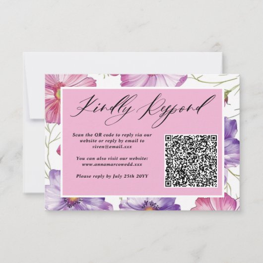 Minimalistische Paarse Roze Bloemen Huwelijk QR Co RSVP Kaartje (Voorkant)