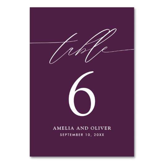 Minimalistische Paarse Script Table Number Kaart (Voorkant)